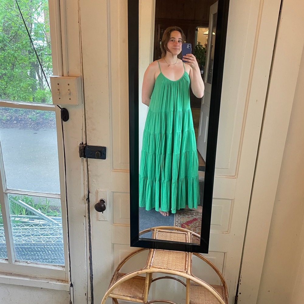 Kalita Tiered Cotton Handmade Green Maxi Dress with Spaghetti Straps + Low Back - Picture 6 of 10